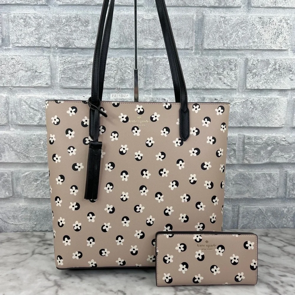 Kate Spade Floral Polka Dot Print Tote & Large Slim Bifold Wallet Neutral Multi - Picture 1 of 13